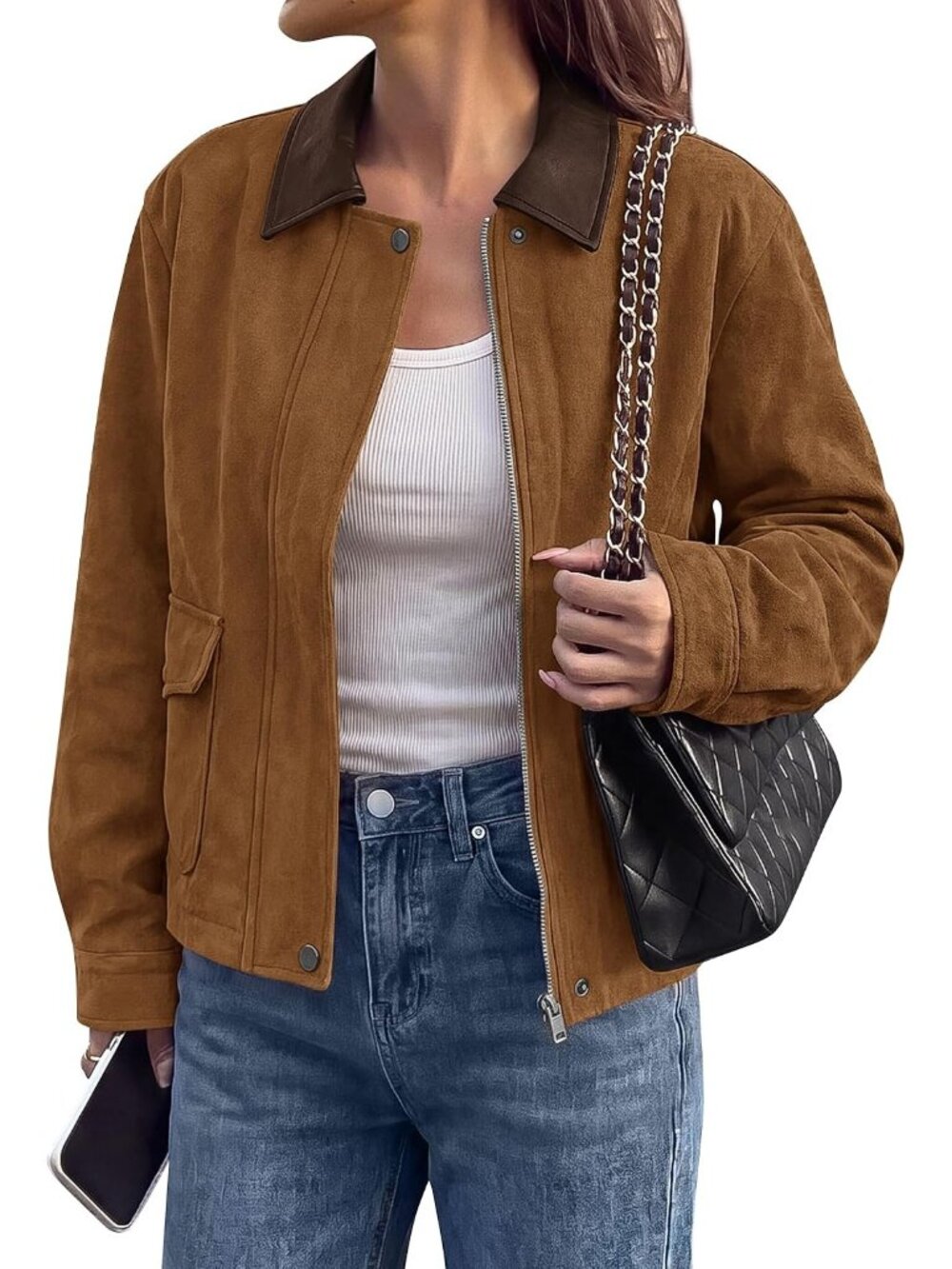 Women's Brown Long Sleeve Faux Suede Lapel ZIP Up Fall Coat Moto Jacket